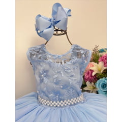 Vestido Infantil Azul C/ Renda Cinto de Pérolas Damas Luxo