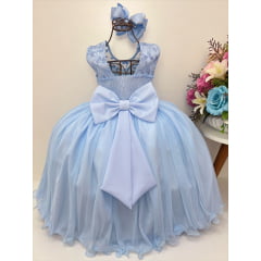 Vestido Infantil Azul C/ Renda Cinto de Pérolas Damas Luxo