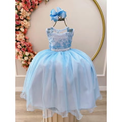 Vestido Infantil Azul C/ Renda Damas e Cinto de Pérolas