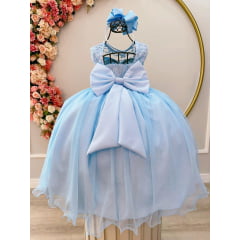 Vestido Infantil Azul C/ Renda Damas e Cinto de Pérolas