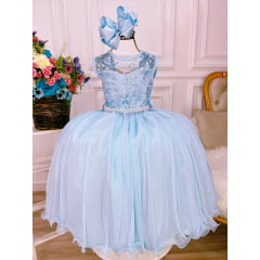 Vestido Infantil Azul C/ Renda e Cinto de Pérolas Damas Luxo