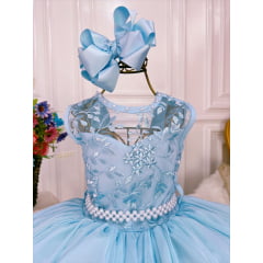 Vestido Infantil Azul C/ Renda e Cinto de Pérolas Damas Luxo