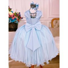 Vestido Infantil Azul C/ Renda e Cinto de Pérolas Damas Luxo