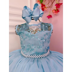 Vestido Infantil Azul C/ Renda e Cinto de Pérolas Luxo Damas