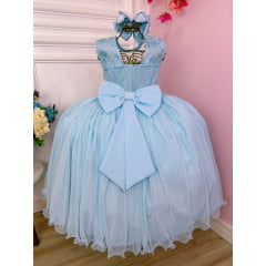 Vestido Infantil Azul C/ Renda e Cinto de Pérolas Luxo Damas
