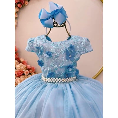 Vestido Infantil Azul Damas C/ Renda e Aplique Borboletas