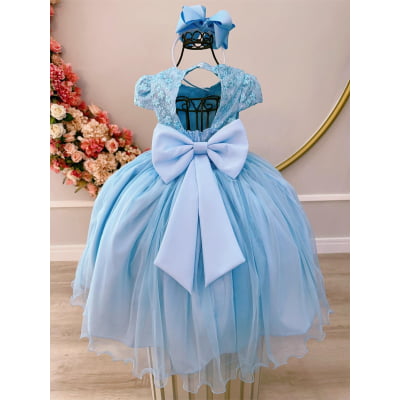 Vestido Infantil Azul Damas C/ Renda e Aplique Borboletas
