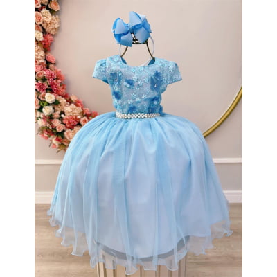 Vestido Infantil Azul Damas C/ Renda e Aplique Borboletas