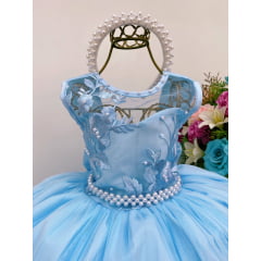 Vestido Infantil Azul Renda Aplique de Pérolas Luxo Damas