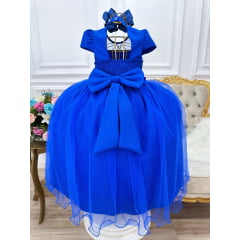 Vestido Infantil Azul Royal C/ Busto Nervura e Pérolas Damas