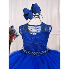 Vestido Infantil Azul Royal C/ Renda Cinto de Pérolas Damas