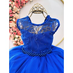 Vestido Infantil Azul Royal Damas C/ Renda Cinto de Pérolas
