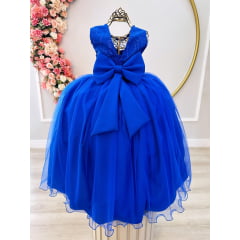 Vestido Infantil Azul Royal Damas C/ Renda Cinto de Pérolas