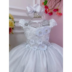 Vestido Infantil Branco C/ Aplique Flores e Renda Damas Luxo