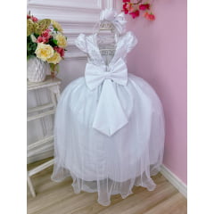 Vestido Infantil Branco C/ Aplique Flores e Renda Damas Luxo