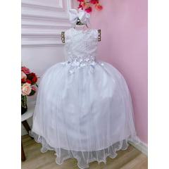 Vestido Infantil Branco C/ Renda e Aplique de Flores Damas