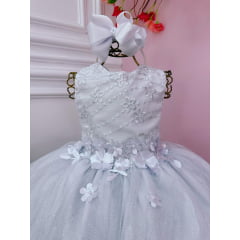 Vestido Infantil Branco C/ Renda e Aplique de Flores Damas