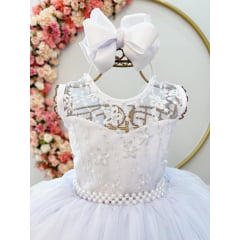 Vestido Infantil Branco C/ Renda e Cinto de Pérolas Damas