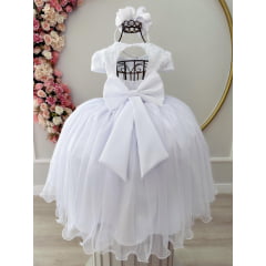 Vestido Infantil Branco Damas C/ Renda e Aplique Borboletas