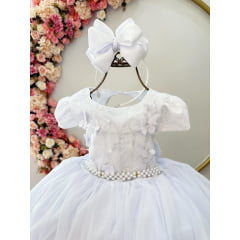 Vestido Infantil Branco Damas C/ Renda e Aplique Borboletas