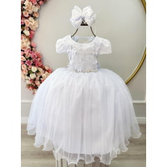 Vestido Infantil Branco Damas C/ Renda e Aplique Borboletas
