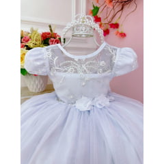 Vestido Infantil Branco Damas C/ Renda e Aplique de Flores