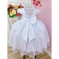 Vestido Infantil Branco Damas C/ Renda e Aplique de Flores