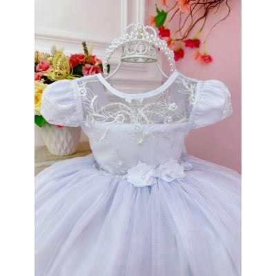 Vestido Infantil Branco Damas C/ Renda e Aplique de Flores