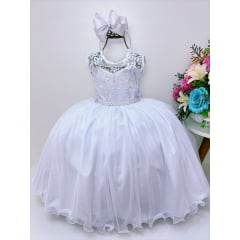 Vestido Infantil Branco Renda de Luxo Cinto de Pérolas Damas
