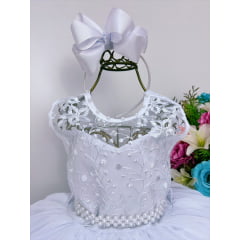 Vestido Infantil Branco Renda de Luxo Cinto de Pérolas Damas