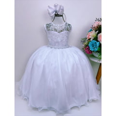 Vestido Infantil Branco Renda de Luxo Cinto Pérolas Damas