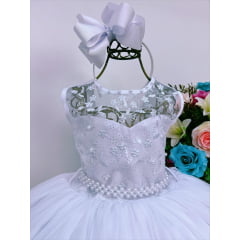 Vestido Infantil Branco Renda de Luxo Cinto Pérolas Damas