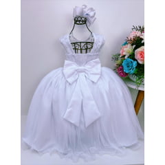 Vestido Infantil Branco Renda de Luxo Cinto Pérolas Damas