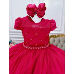 Vestido Infantil Pink Com Busto Nervura e Pérolas Damas