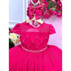 Vestido Infantil Pink Com Busto Nervura e Pérolas Damas