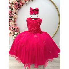 Vestido Infantil Pink Rendado Luxo Flores em Aplique