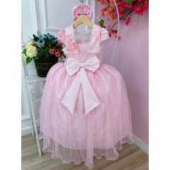 Vestido Infantil Rosa C/ Aplique Flores e Renda Damas Luxo
