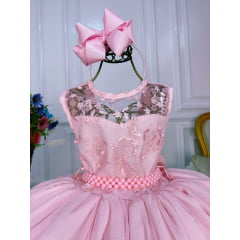 Vestido Infantil Rosa C/ Renda e Cinto de Pérolas Damas Luxo