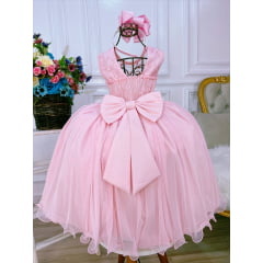 Vestido Infantil Rosa C/ Renda e Cinto de Pérolas Damas Luxo