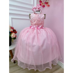 Vestido Infantil Rosa C/ Renda e Aplique Flores Luxo Damas