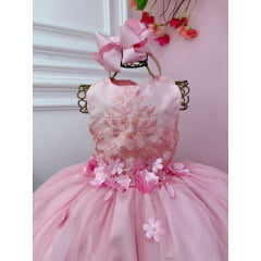 Vestido Infantil Rosa C/ Renda e Aplique Flores Luxo Damas
