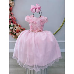 Vestido Infantil Rosa Damas C/ Renda e Aplique Borboletas