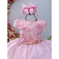 Vestido Infantil Rosa Damas C/ Renda e Aplique Borboletas