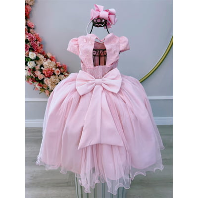 Vestido Infantil Rosa Damas C/ Renda e Aplique Borboletas