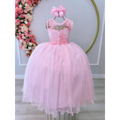 Vestido Infantil Rosa Damas C/ Renda e Cinto de Pérolas Luxo