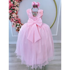 Vestido Infantil Rosa Damas C/ Renda e Cinto de Pérolas Luxo