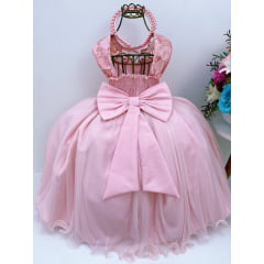 Vestido Infantil Rosa Renda Aplique de Pérolas Luxo Damas