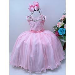 Vestido Infantil Rosa Renda de Luxo Cinto de Pérolas Damas