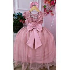 Vestido Infantil Rose C/ Aplique Flores e Renda Damas Luxo
