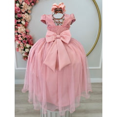 Vestido Infantil Rose C/ Aplique Flores e Renda Luxo Damas